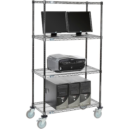 Nexel 4-Shelf Mobile Wire Computer LAN Workstation, 36inW x 18inD x 69inH, Black 695389BK